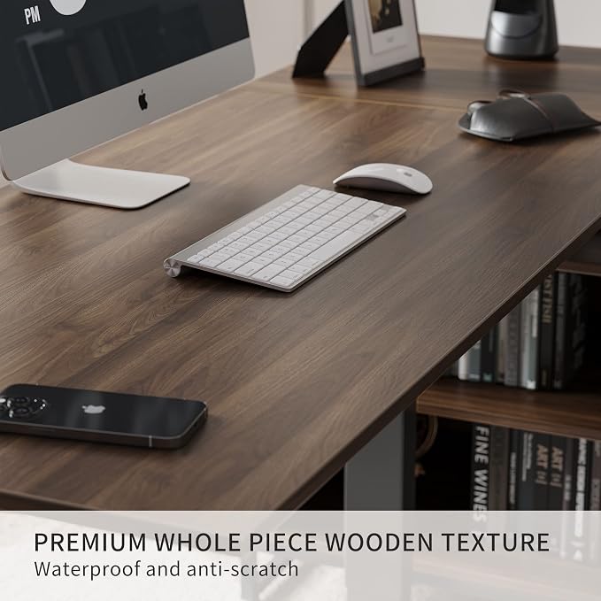 FEZIBO L Shaped Standing Desk with Drawers and Shelves, Executive Electric Standing Desk Adjustable Height, Sit Stand Table 66 inch Dark Walnut