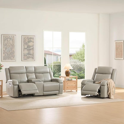 Watson & Whitely Genuine Leather Power Loveseat Recliner Sofa, Wall Hugger Loveseat Reclining Sofa with Storage Console, Power Headrest, Cup Holders, Dual Recliners for Living Room, RV, Grey