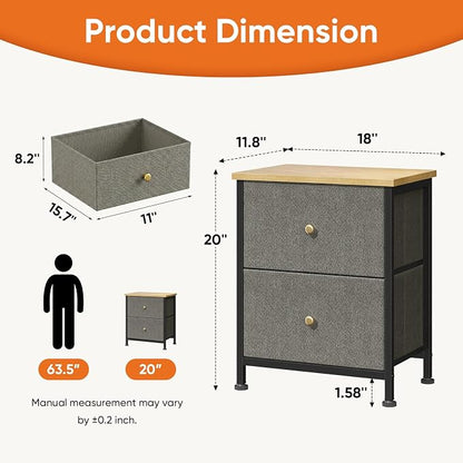 Sweetcrispy Nightstand with 2 Storage Drawers, Small Bedside Table | 20" Height End Table, Wooden Top Fabric Cabinet for Bedroom, Furniture, Closet, College Dorm, Ink Green