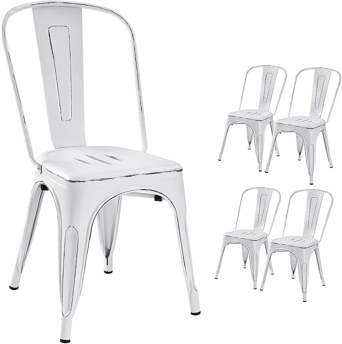 Devoko Metal Indoor-Outdoor Chairs Distressed Style Kitchen Dining Chairs Stackable Side Chair with Back Set of 4 (White)