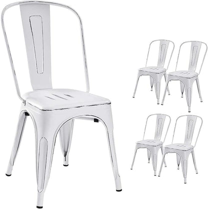 Devoko Metal Indoor-Outdoor Chairs Distressed Style Kitchen Dining Chairs Stackable Side Chair with Back Set of 4 (White)