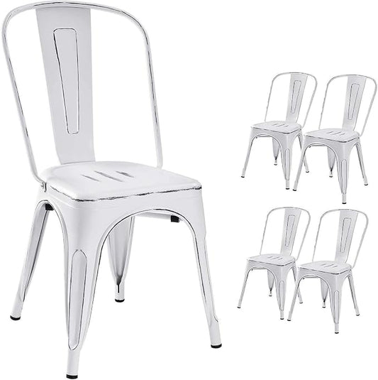Devoko Metal Indoor-Outdoor Chairs Distressed Style Kitchen Dining Chairs Stackable Side Chair with Back Set of 4 (White)