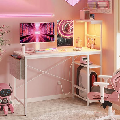 Bestier Gaming Desk with Power Outlets, 44 Inch Led Gamer Desk with 4 Tiers Reversible Shelves, PC Gaming Table with Headset Hook & Side Storage Bag for Bedroom (White 3D Carbon Fiber)