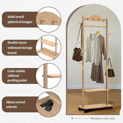 Wood Clothes Rack with Storage, 2 Shelves, 9 Hooks, Garment Rack with wheels, Coat Rack Freestanding, Clothing Rack Heavy Duty Hall Tree for Living Room Hallway,835 Natural