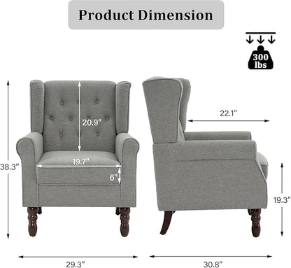 Wingback Accent Chairs Set of 2, High Back Arm Chair for Living Room, Button-Tufted Upholstered Fabric Armchair with Solid Wood Legs, Comfy Single Sofa Reading Chair for Bedroom, Light Gray