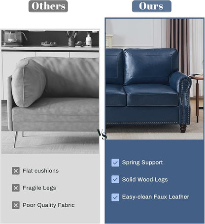 Kingfun Mid-Century Modern Couch, Faux Leather Sofa Set, 3 Seater Couch for Living Room with Rolled arms & Nailhead Trim, Blue