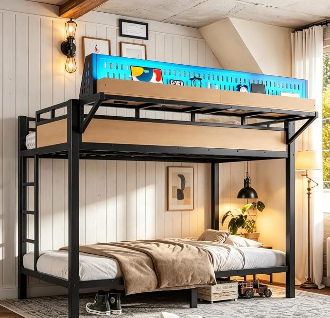 Bellemave Bunk Bed Twin XL Over Twin XL，Metal Bunk beds with Storage Shelves USB Ports and LED Lights, Natural
