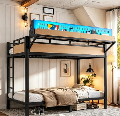Bellemave Bunk Bed Twin XL Over Twin XL，Metal Bunk beds with Storage Shelves USB Ports and LED Lights, Natural