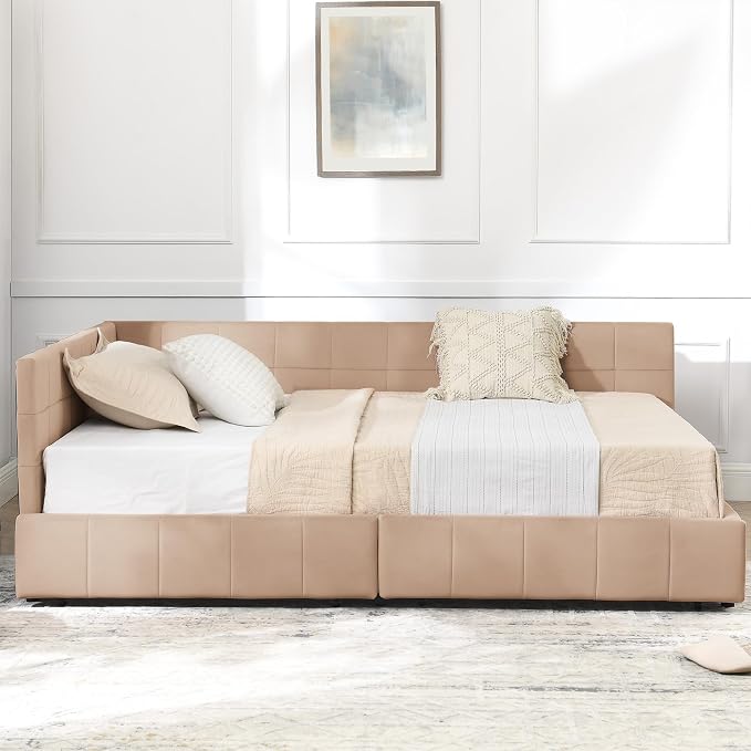Bellemave Full Size Corner Bed Frame with Storage Drawers, Comfortable Backrest and Armrests, Velvet Tufted Corner Bed Frame Full Size, Upholstered Daybed for Bedroom, Living Room, Guest Room, Pink