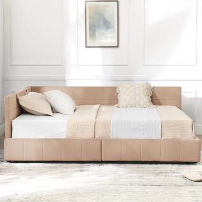 Bellemave Full Size Corner Bed Frame with Storage Drawers, Comfortable Backrest and Armrests, Velvet Tufted Corner Bed Frame Full Size, Upholstered Daybed for Bedroom, Living Room, Guest Room, Pink