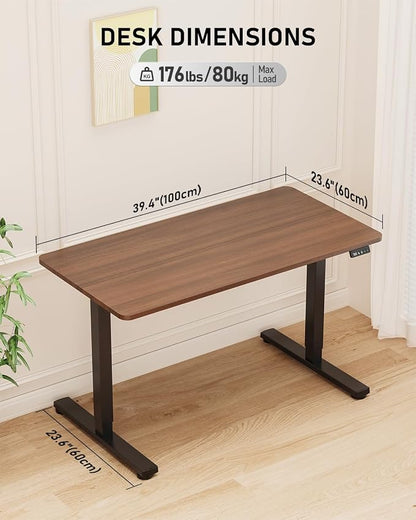 40" Electric Standing Desk Adjustable Height, Sit Stand up Desk for Home Office & Computer Workstation, 2 Memory Height Settings, Splice Board, 2 Hooks, Black Frame/Walnut Top