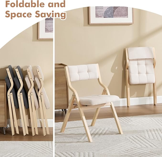 Folding Dining Chairs with Cushion Set of 2,Padded Foldable Dining Chairs,Portable Wooden Folding Chairs for Dining Rooms Kitchen Wedding and Party Indoor Beige