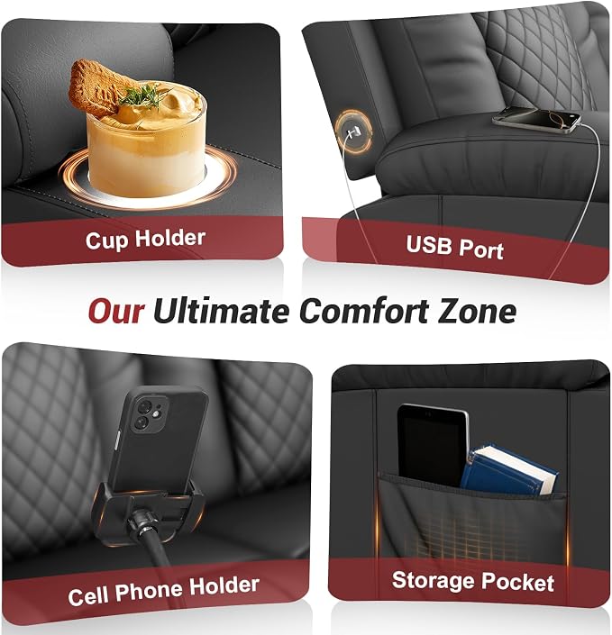 RV Loveseat Recliner Sofa, Reclining Loveseat Wall Hugger Recliners with USB Ports, Cup Holders, Insert Pockets, RV Recliners for Travel Trailers & Living Room, RV Furniture | RV Couch | Black