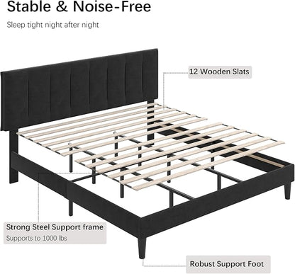 VECELO King Size Bed Frame with Upholstered Headboard, Heavy-Duty Bedframe with Strong Wooden Slats Support, No Boxing Spring Needed, Velvet & Black