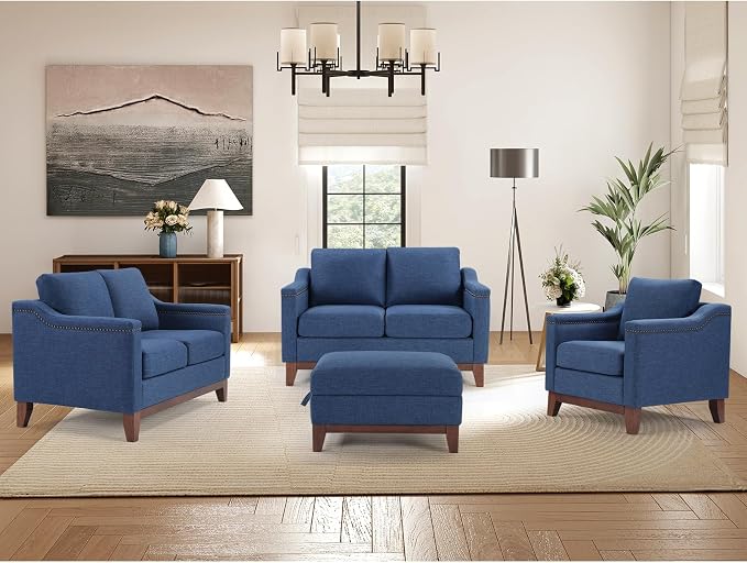 HAOMARKETS 4 Piece Fabric Sofa Set with Nailhead Trim, Included Comfy Accent Chair, Upholstered Loveseat 2-Seater Sofa Couches Set of 2 and Storage Ottoman with Flip-Top Table for Living Room,Blue