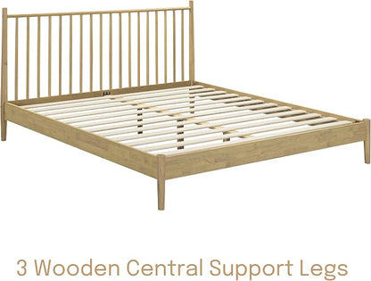 NTC Inno Wooden Bed Frame with Headboard, Solid Oak and Rubber Wood Foundation with Silent Slats and Wood Central Supports, 1000 Lb Capacity, Effortless Assembly, King - Sand