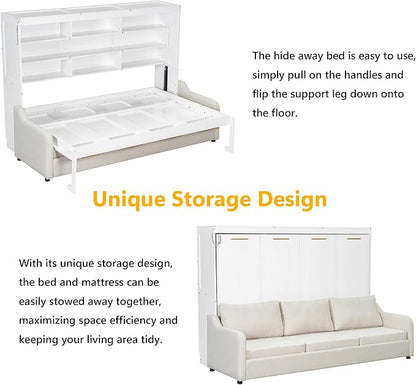 Queen Horizontal Murphy Bed with Sofa and Storage Shelves,LED Light,Solid Wood Space Saving Hideaway Murphy Wall Bed with Couch and Storage for Adults (Beige,Queen)