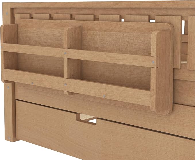 Bellemave Full Size Kids Bed with high Rails and with Built-in Bookshelf and Trundle for Kids, Girls, Boys, Wood Montessori Bed Without Door, Natural