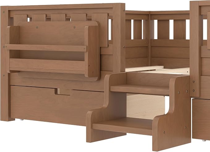 Bellemave Queen Size Bed with Slats and Stairs, Queen Size Platform Bed Frame with Fence, Bookshelf and Storage Drawers, Easy Assemble Beds for Girls, Boys, Natural