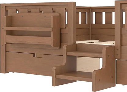 Bellemave Queen Size Kids Montessori Bed with Stairs and Bookshelf,Solid Wood Queen Size Kids Bed Frame with Drawers and Storage for Girls Boys,Low-Profile,Natural