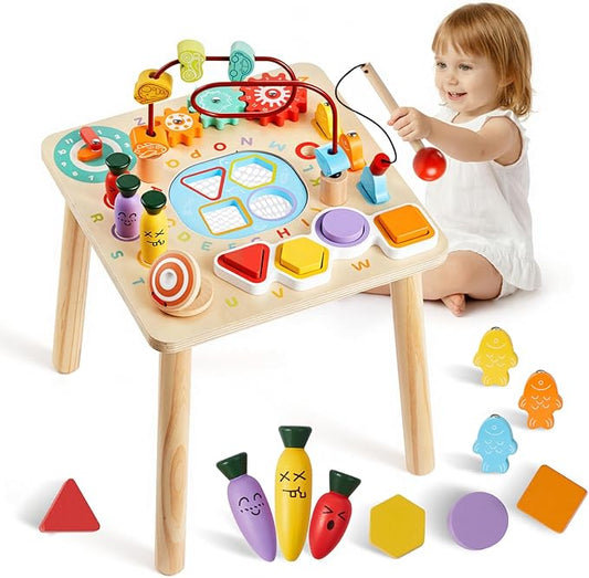 VEVOR Montessori Activity Table for Toddler 1-3 Years Old, 8 in 1 Wooden Learn Activity Desk, Baby Play Table for Boys & Girls Aged 6+ Months, Great Birthday, Christmas, Children's Day Present