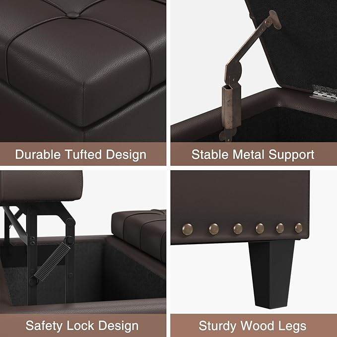 FiveWillowise Square Leather Ottoman with Storage, Faux Leather Coffee Table with Lift Top,Large Upholstered Footrest Stool Toy Box Storage Bench for Bedroom Living Room, Chocolate