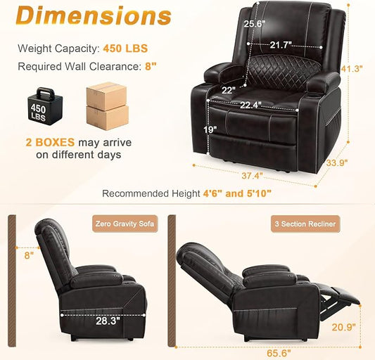 Oversized Manual Recliner Chair, 3X Recliner Home Theater Seating, RV Recliner Single Sofa with Storage, Cup Holder & Side Pocket, Reclining Chair for RV, Home Theater & Living Room (Single, Brown)