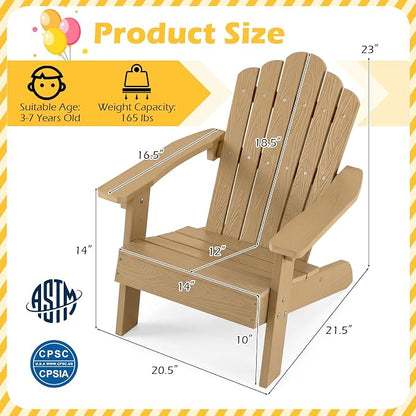 Costzon Kids Adirondack Chair, All-Weather HIPS Toddler Outdoor Chair, Wooden Textured Plastic Fire Pit Chair, Kids Patio Chair for Backyard Lawn Garden, Fits Children Age 3-7 Years (1, Teak)