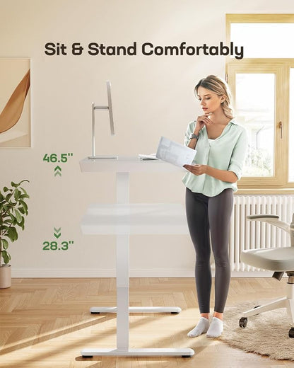 Marsail Glass Standing Desk with Drawer,55 x 28 inch Electric Standing Desk, Adjustable Height Desk with Storage & USB Charging Ports, One-Piece Standing Desk for Home & Office, White