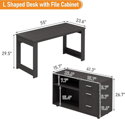 MU 55inch L Shaped Desk, Corner Computer Desk with 3 Drawers and 2 Shelves, Writing Office Table with Storage File Cabinet, Large Executive Desk with Wheels for Home Office, Bedroom (Grey)