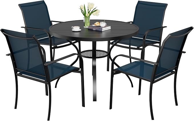 SUNCROWN 5-Piece Outdoor Dining Set, Patio Furniture Set with 4 x Textilene Dinning Chairs and 41" Metal Round Table with Umbrella Hole for Lawn Garden Backyard Deck, Blue