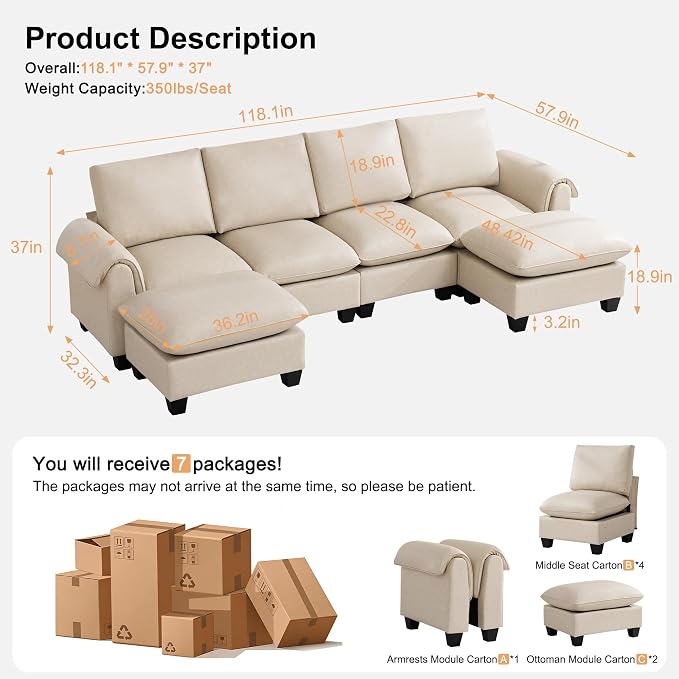 118" Faux Leather Modular Sectional Sofa with 2 Ottoman, Oversized 4 Seater Couch with Curved Armrests, Cloud Modern U-Shaped Sofa Deep Seat for Living Room, Beige