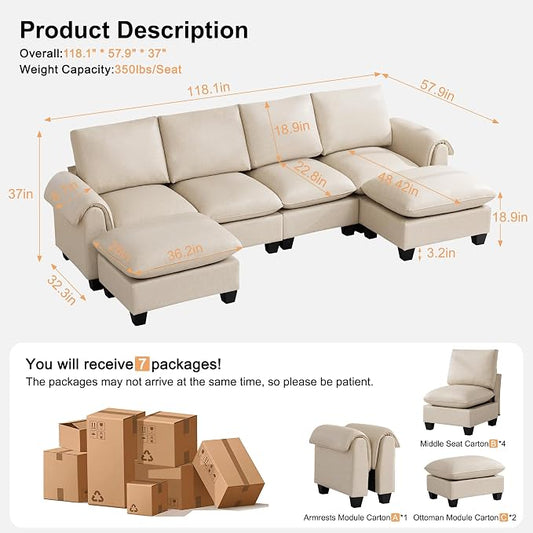 118" Faux Leather Modular Sectional Sofa with 2 Ottoman, Oversized 4 Seater Couch with Curved Armrests, Cloud Modern U-Shaped Sofa Deep Seat for Living Room, Beige