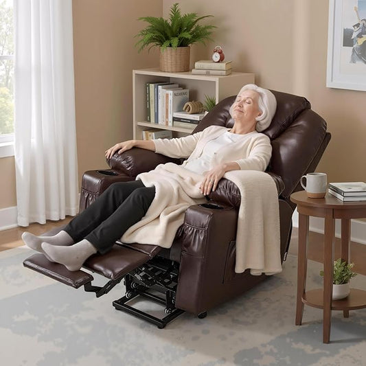 MCombo Power Lift Recliner Chair for Elderly, Lift Chair with Heat and Massage, FSC Certified, USB Ports, Cup Holders, Faux Leather 7141 (Dark Brown, Small)