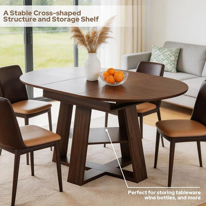 Zevemomo 43"-59" Extendable Dining Room Table for 4-6(Table only), Expandable Round Dining Table, Oval Tabletop with Cross-Shaped Base for Office, Living Room-Dark Brown