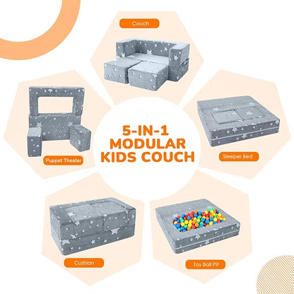 MeMoreCool Modular Kids Play Couch Sofa – Glow-in-the-Dark Star Design, Fold-Out Toddler Couch for Playroom Furniture, Grey