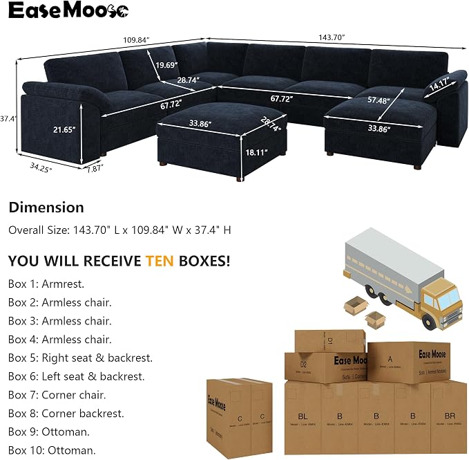 EASE MOOSE Modular Sofa,Comfortable Oversized U Shape Sectional Modular Sofa,Wide Deep seat Sectional Removable Washable Sofa,Blue