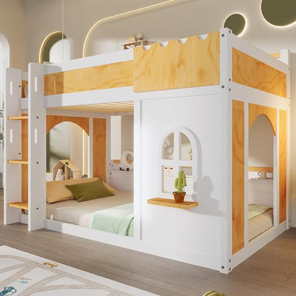 Twin Over Twin Bunk Bed with Storage Shelves,Window and Two Doors,for Kids Teens Adults Use (White+Natural-Window, Twin Over Twin)