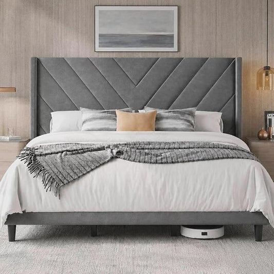 Yaheetech King Bed Frame Upholstered Platform Bed/Wooden Slat Support/Tufted Headboard with Wing Side/Mattress Foundation/No Box Spring Needed,Light Gray King