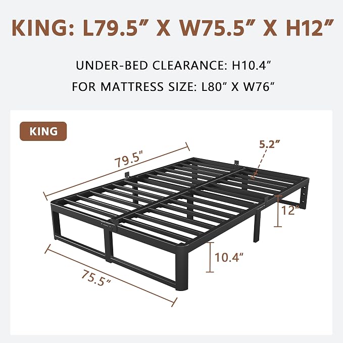ZTH King Size Metal Platform Bed Frame 12 in, No Box Spring Needed, Black | Heavy duty support, Underbed storage, Noise-free design, Anti-slip clips, Rounded legs, Easy assembly, Headboard compatible