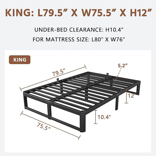 ZTH King Size Metal Platform Bed Frame 12 in, No Box Spring Needed, Black | Heavy duty support, Underbed storage, Noise-free design, Anti-slip clips, Rounded legs, Easy assembly, Headboard compatible