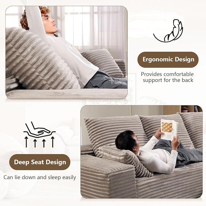 107.5" W Modular Sectional Sofa, Upholstered Corduroy Cloud Couch with Deep Seat, Modern 3-Seater L-Shaped Sofa for Living Room, No Assembly Required (Camel, Left-Facing Chaise)