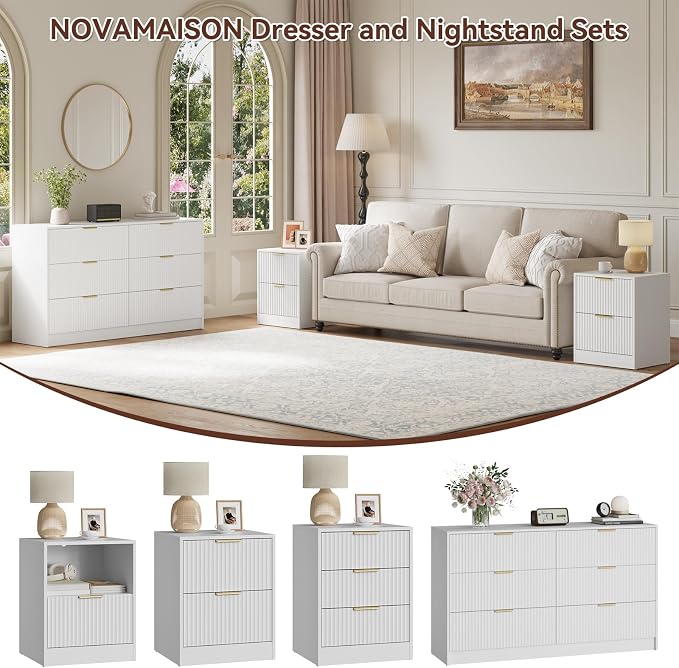 6 Drawer Dresser and Nightstand Set 3-Piece, 55” Wide Bedroom Dressers & Night Stand Set of 2 with Metal Handle, Fluted Modern Wood Chest of Drawers Storage Dressers Set for Bedroom, White