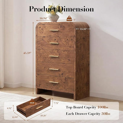 Curved 5 Drawer Dresser for Bedroom, 31'' Wide Chest of Drawers, Modern Storage Cabinet for Hallway & Living Room TV Stand, FSC Certified 1.18" Thick Board, 100 lbs Top Weight, Dark Burl