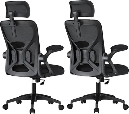 VASAGLE Ergonomic Mesh Office Chairs with Adjustable Lumbar Support and Headrest, 90-105° Tilt Function, Wide Seat, Flip‑Up Armrests, Computer Desk Chairs for Home Office, Set of 2, Ink Black