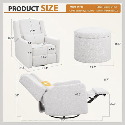 Power Recliner Chair Swivel Glider, Large Nursery Glider with Ottoman & USB Charging Port, Boucle Upholstered Rocker Recliner for Nursery,Living Room,Cream