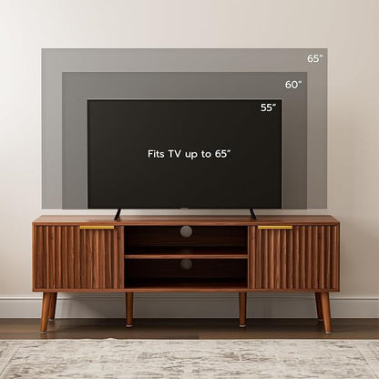 LCRBOL TV Stand with Fluted Doors for TVs up to 65", Mid-Century, Walnut | 54.3"W x 15.3"D x 19.6"H, 150 lbs capacity, 2 fluted door cabinets & 2 adjustable shelves, cable holes, 5 tapered legs