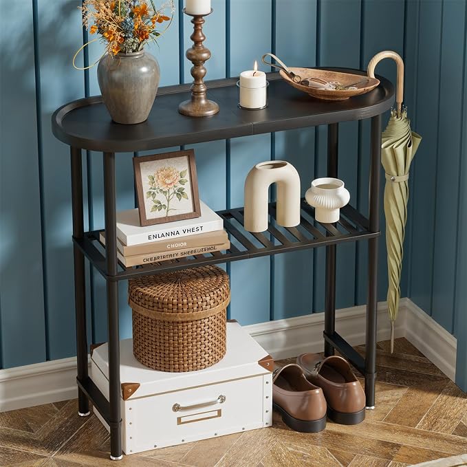 Narrow Hallway Table for Entryway, Small Console Table Black 30.7", Bamboo Plant Stand Indoor Outdoor 2-tier, Small TV Stand for Bedroom with Anti-fall Edge, Sofa Side Table 5min Easy Assembly