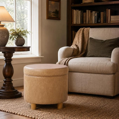 HomePop 19" Round Storage Ottoman - Sand Faux Leather