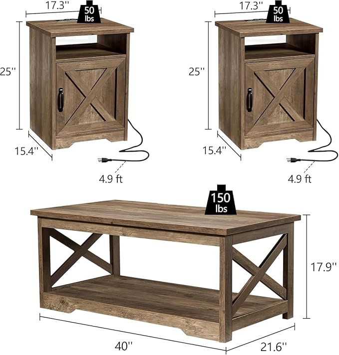 LUXOAK 3-Piece Farmhouse Living Room Table Sets, Includes 1 x Coffee Table, 2 x End Tables with Charging Station & USB Ports, Rustic Coffee Table Set of 3, Barnwood